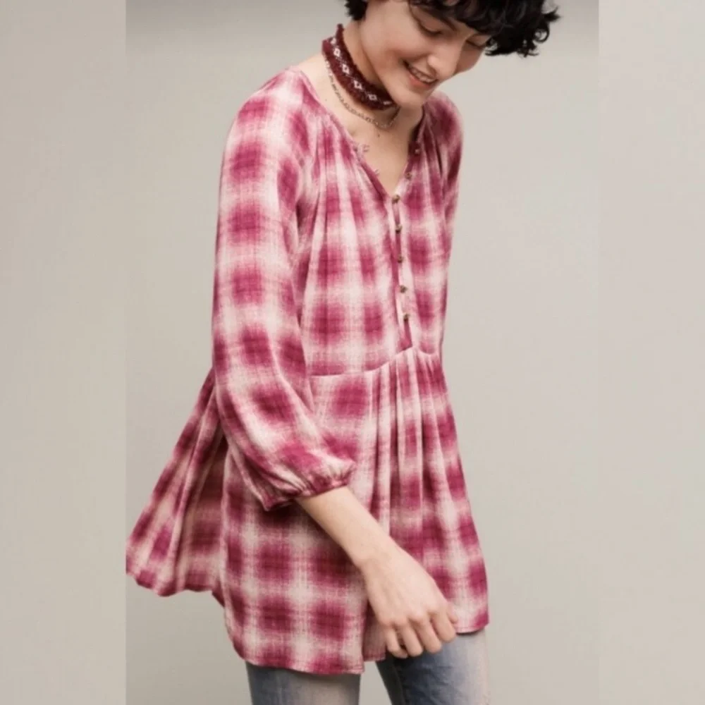 MAEVE Pink Plaid Peplum Shirt Boho Puff Sleeves